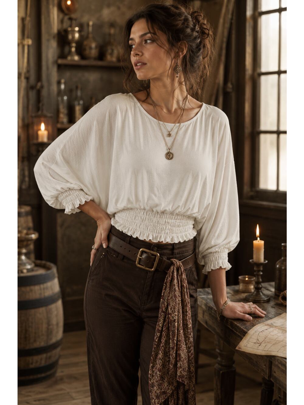 Coco Bianco White Boho Piratecore Peasant Blouse Smocked Waist Top L